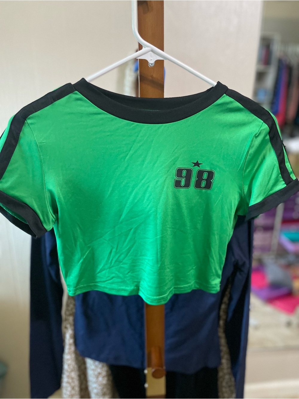 Green Short Sleeve Cropped Tee with Black Trim and '98' Detail